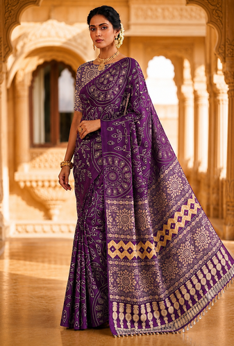 Violet Fancy Big Mirror Embroidery Cut Lace Fitting With Bandhani Printing Creap Silk Saree
