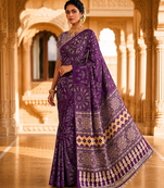 Violet Color Fancy Big Mirror Embroidery Cut Work Lace Fitting With Bandhani Printing Creap Silk Saree