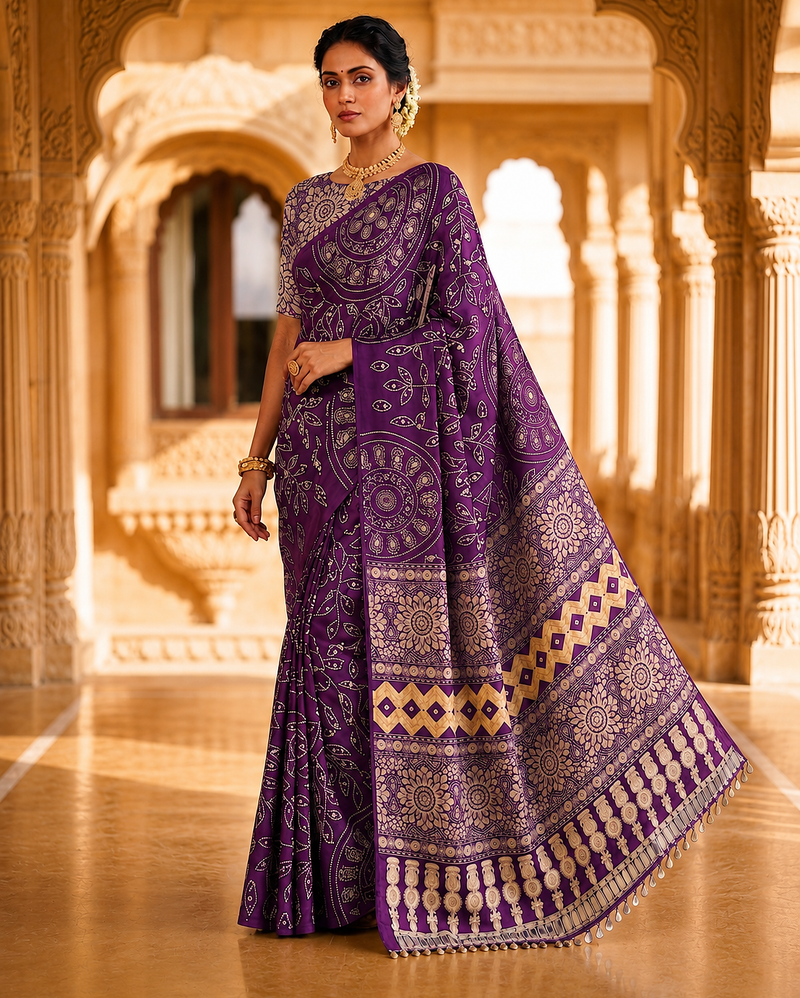 Violet Color Fancy Big Mirror Embroidery Cut Work Lace Fitting With Bandhani Printing Creap Silk Saree