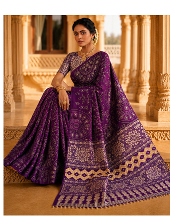 Violet Color Fancy Big Mirror Embroidery Cut Work Lace Fitting With Bandhani Printing Creap Silk Saree 2