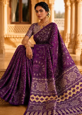 Violet Color Fancy Big Mirror Embroidery Cut Work Lace Fitting With Bandhani Printing Creap Silk Saree