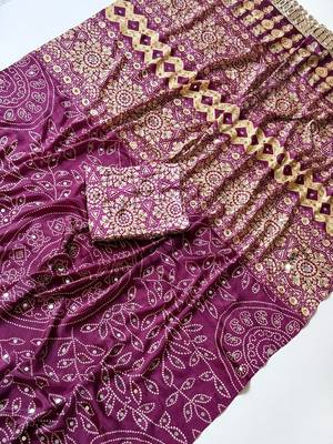 Violet Color Fancy Big Mirror Embroidery Cut Work Lace Fitting With Bandhani Printing Creap Silk Saree 3