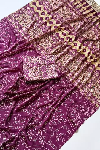 Violet Color Fancy Big Mirror Embroidery Cut Work Lace Fitting With Bandhani Printing Creap Silk Saree