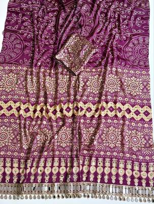 Violet Color Fancy Big Mirror Embroidery Cut Work Lace Fitting With Bandhani Printing Creap Silk Saree 4