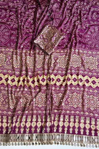 Violet Color Fancy Big Mirror Embroidery Cut Work Lace Fitting With Bandhani Printing Creap Silk Saree