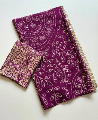 Violet Color Fancy Big Mirror Embroidery Cut Work Lace Fitting With Bandhani Printing Creap Silk Saree 5