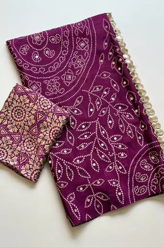Violet Color Fancy Big Mirror Embroidery Cut Work Lace Fitting With Bandhani Printing Creap Silk Saree