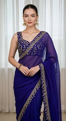 Blue silk embroidered sequins work heavy look ethnic saree with blouse 4