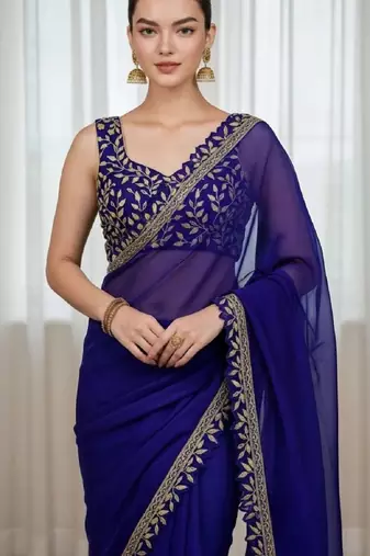 Blue silk embroidered sequins work heavy look ethnic saree with blouse