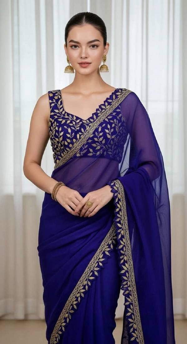 Blue silk embroidered sequins work heavy look ethnic saree with blouse