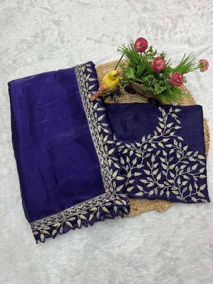 Blue silk embroidered sequins work heavy look ethnic saree with blouse 5