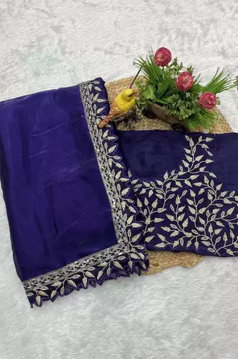 Blue silk embroidered sequins work heavy look ethnic saree with blouse