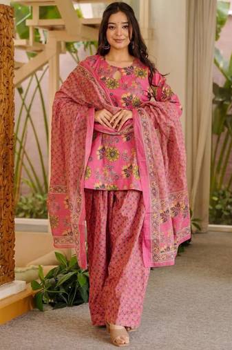 Pink cotton silk blend kurta pant dupatta set