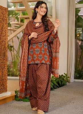 Brown cotton silk blend kurta pant dupatta set 1