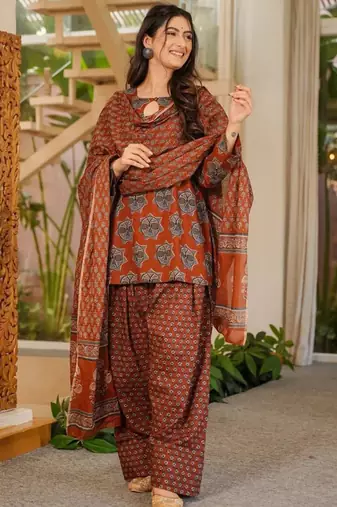 Brown cotton silk blend kurta pant dupatta set