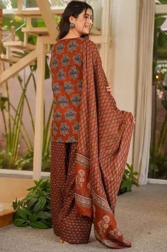 Brown cotton silk blend kurta pant dupatta set