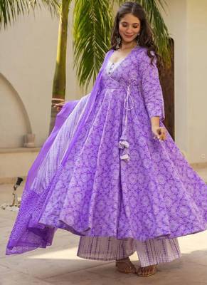 Purple muslin silk blend anarkali kurta pant dupatta set 1