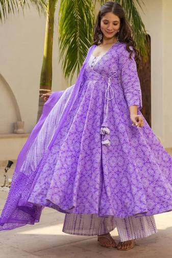 Purple muslin silk blend anarkali kurta pant dupatta set
