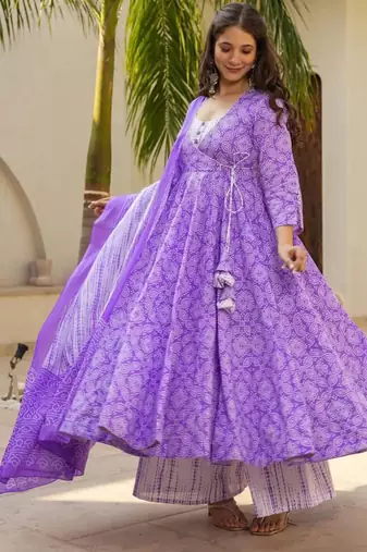 Purple muslin silk blend anarkali kurta pant dupatta set