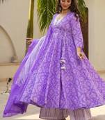 Purple muslin silk blend anarkali kurta pant dupatta set
