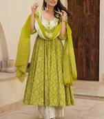 Parrot muslin silk blend anarkali kurta pant dupatta set