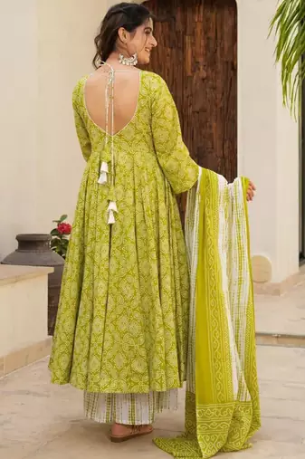 Parrot muslin silk blend anarkali kurta pant dupatta set