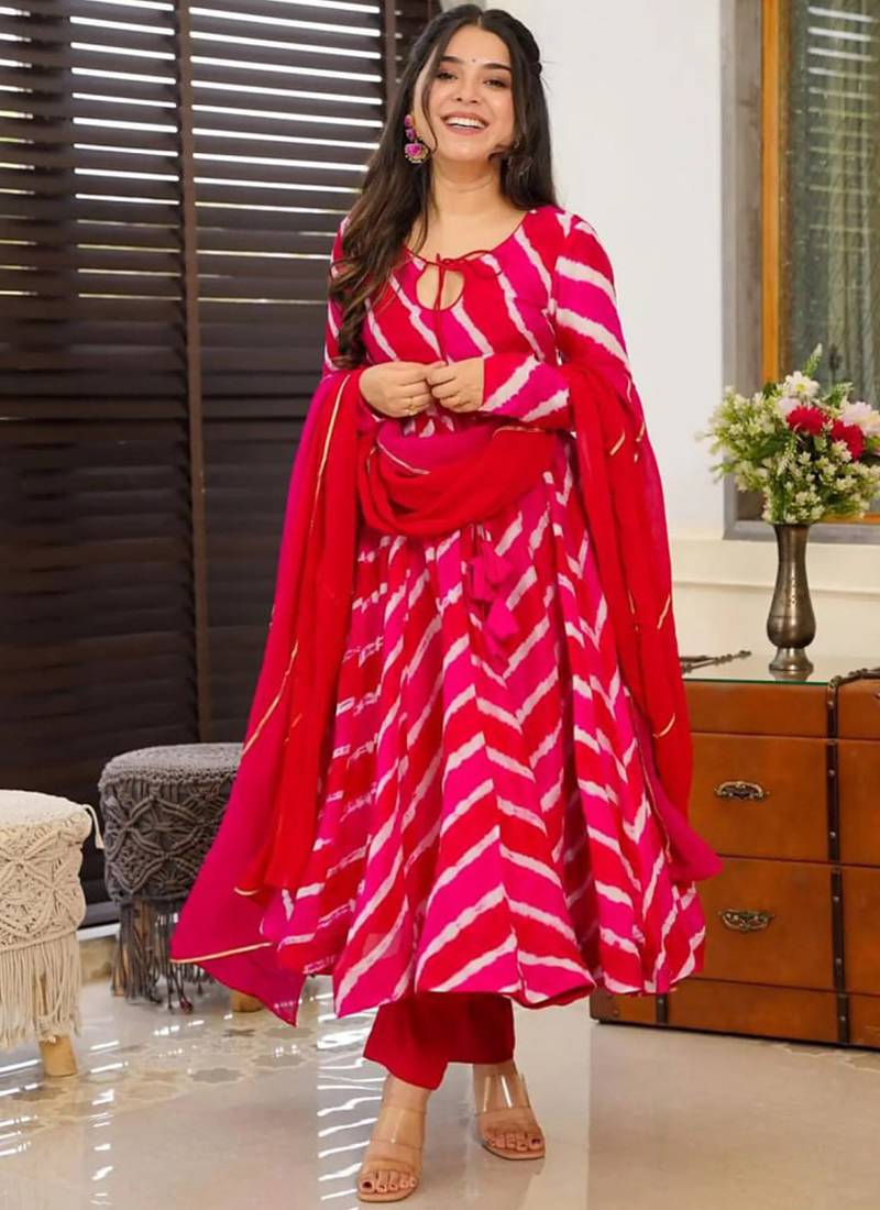 Pink tebby silk blend anarkali kurta pant dupatta set