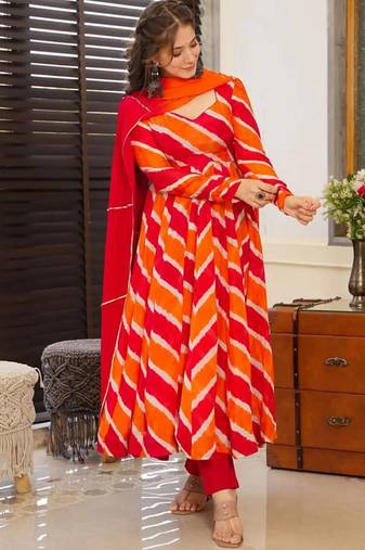 Orange tebby silk blend anarkali kurta pant dupatta set