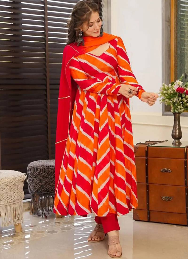 Orange tebby silk blend anarkali kurta pant dupatta set
