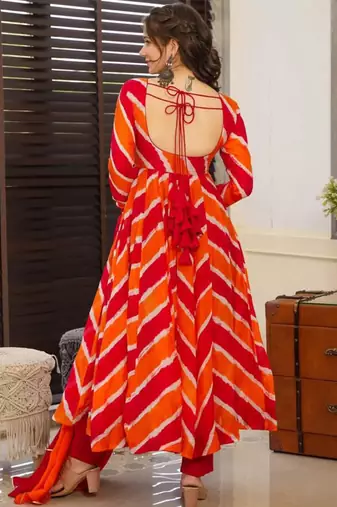 Orange tebby silk blend anarkali kurta pant dupatta set