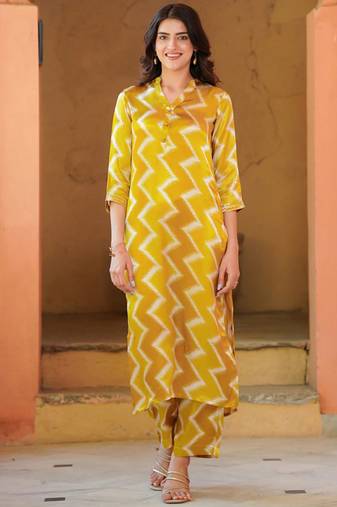 Yellow muslin digital print kurta pant set
