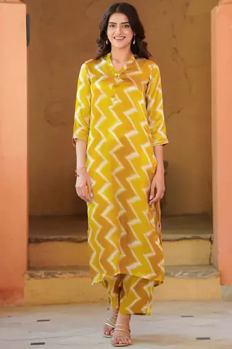 Yellow muslin digital print kurta pant set