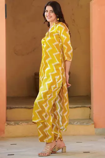 Yellow muslin digital print kurta pant set