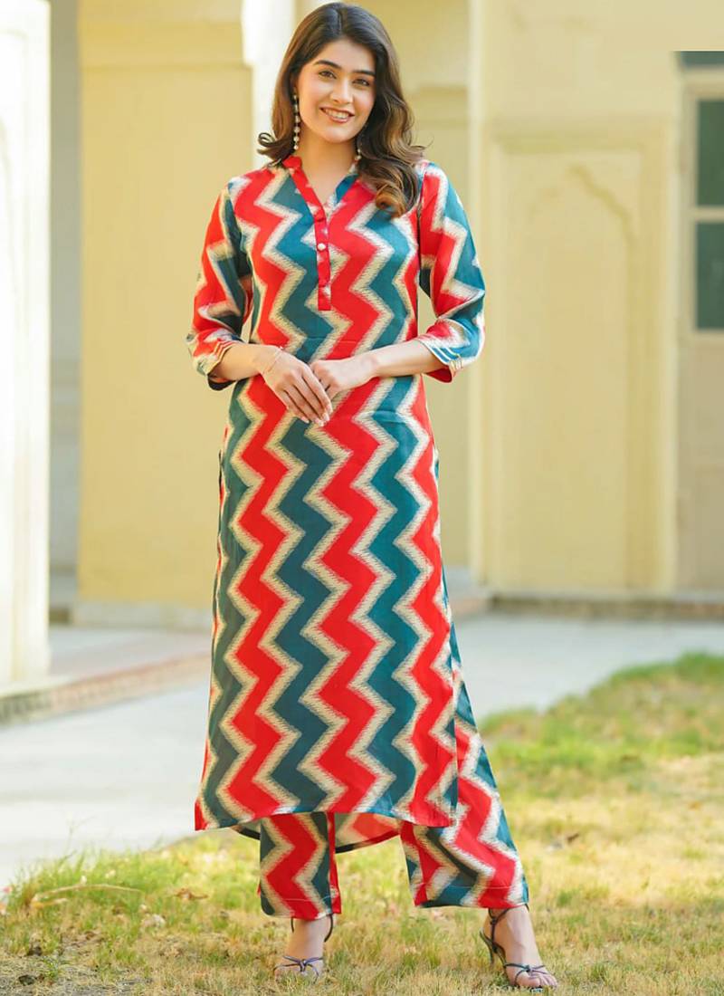 Teal muslin digital print kurta pant set
