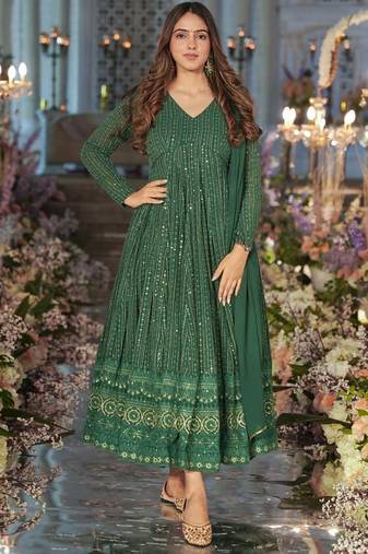 Green georgette silk blend anarkali with dupatta