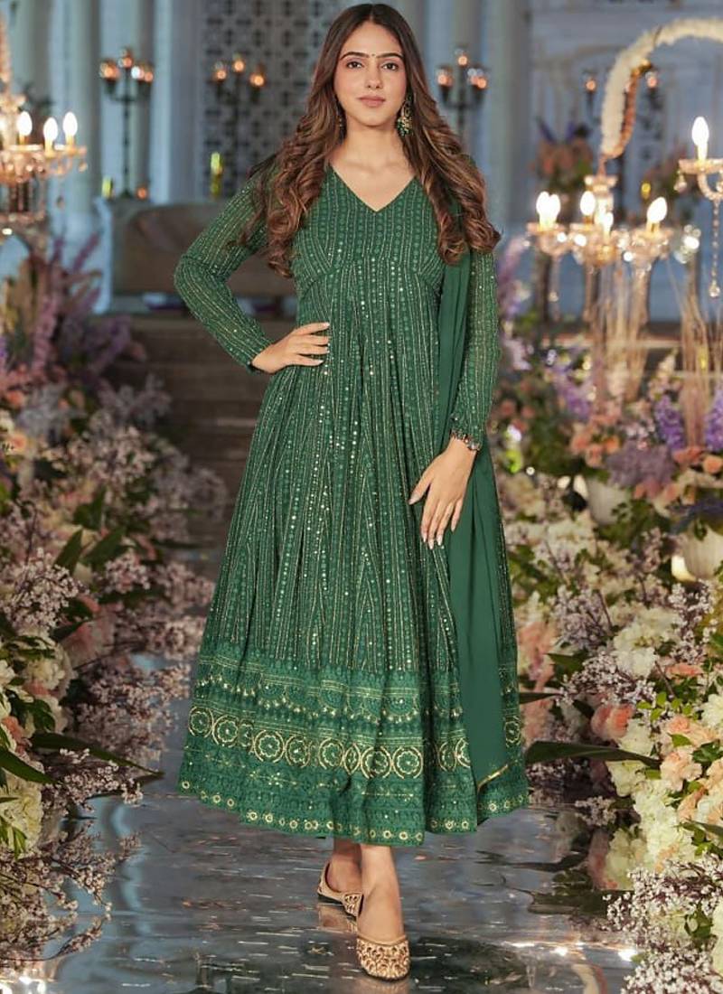 Green georgette silk blend anarkali with dupatta