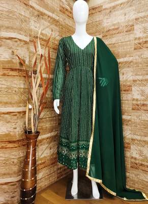 Green georgette silk blend anarkali with dupatta 2