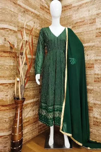 Green georgette silk blend anarkali with dupatta