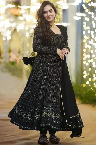 Black georgette silk blend anarkali with dupatta