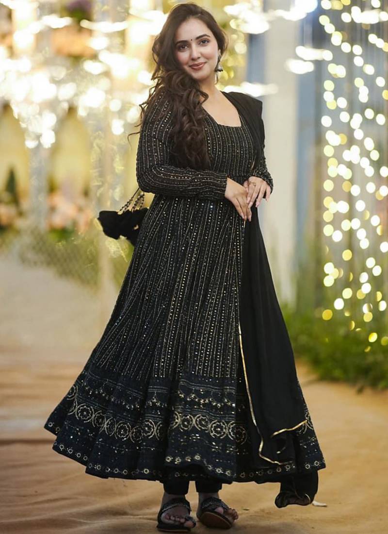 Black georgette silk blend anarkali with dupatta