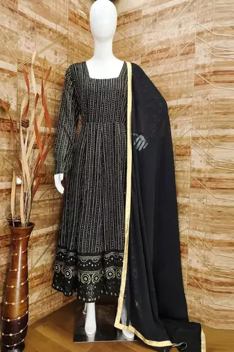 Black georgette silk blend anarkali with dupatta