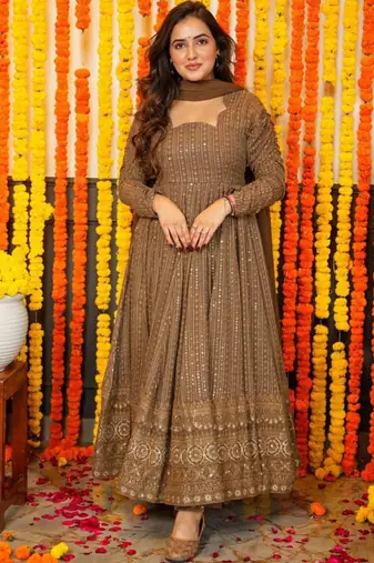 Beige georgette silk blend anarkali with dupatta