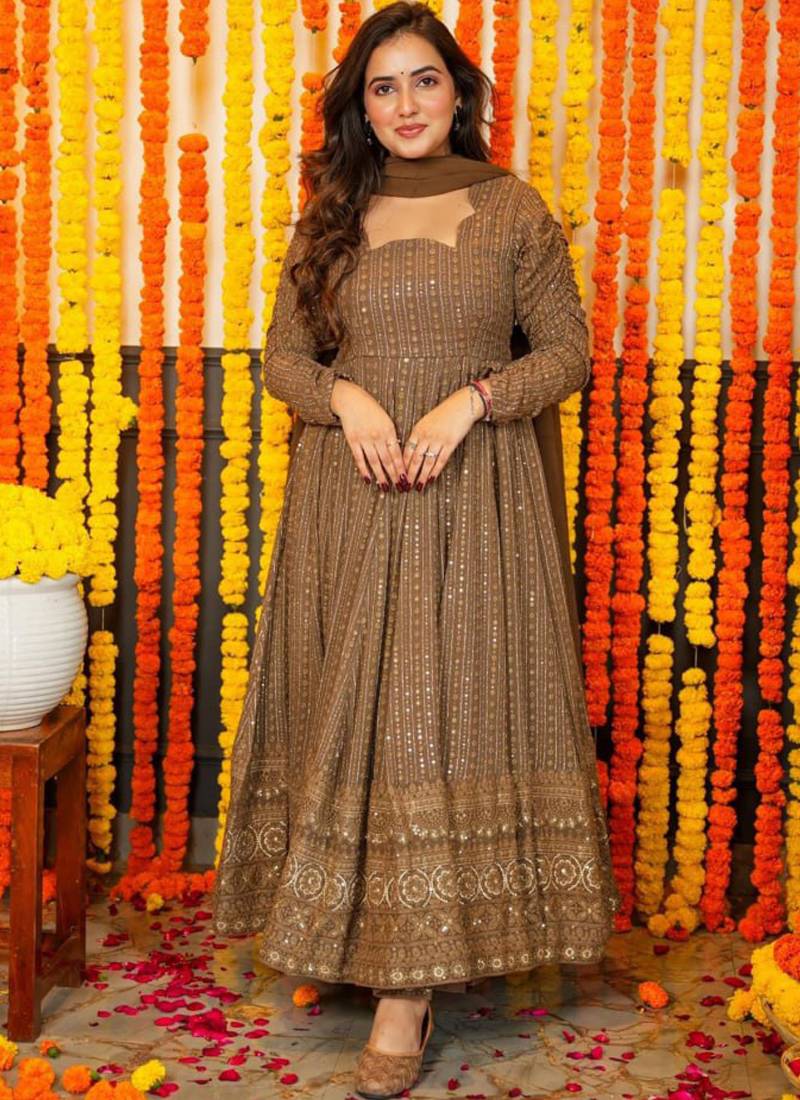 Beige georgette silk blend anarkali with dupatta