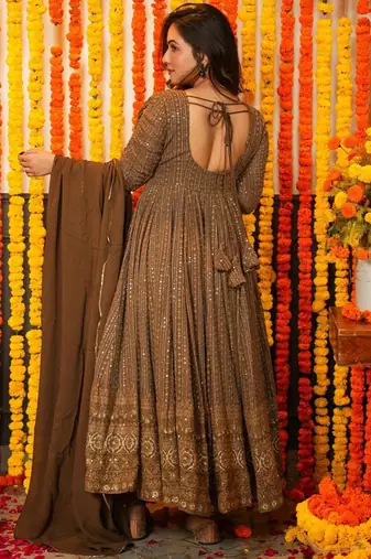 Beige georgette silk blend anarkali with dupatta