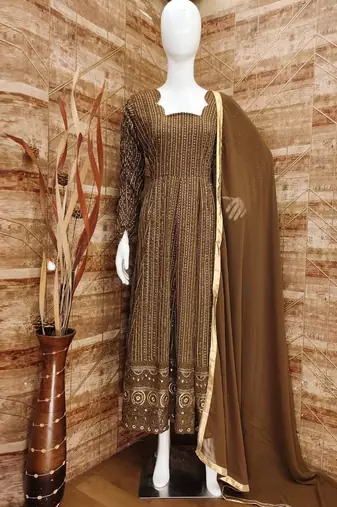 Beige georgette silk blend anarkali with dupatta