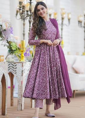 Purple cotton silk blend anarkali salwar suit with dupatta 1