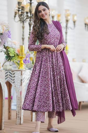 Purple cotton silk blend anarkali salwar suit with dupatta