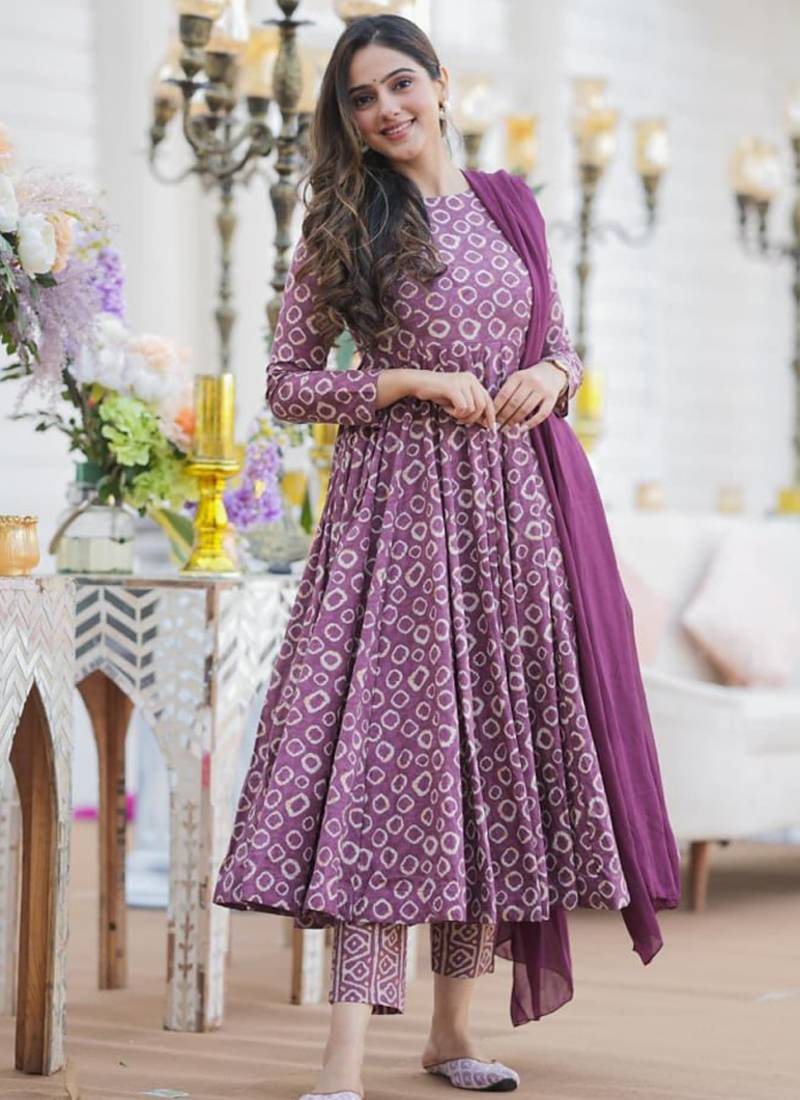 Purple cotton silk blend anarkali salwar suit with dupatta