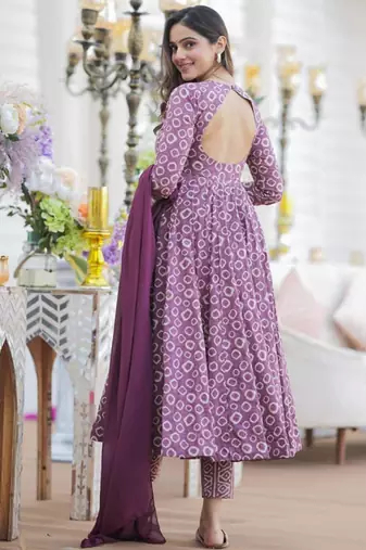 Purple cotton silk blend anarkali salwar suit with dupatta