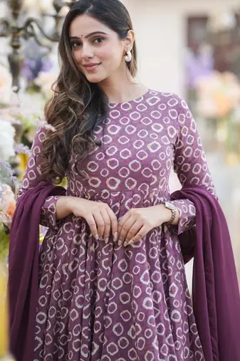 Purple cotton silk blend anarkali salwar suit with dupatta